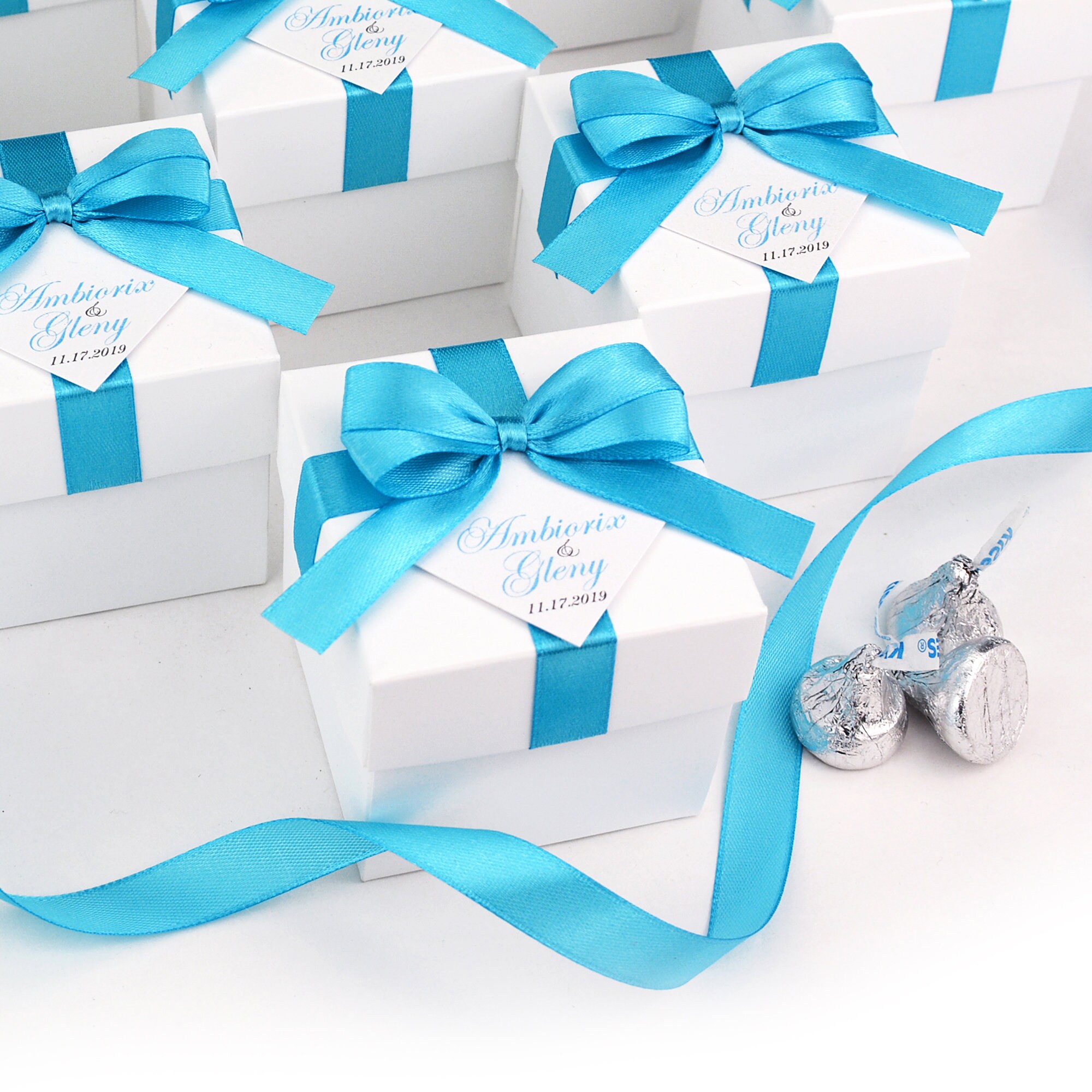 Wedding Favor Boxes With Light Blue Satin Ribbon Bow and Your Names ...