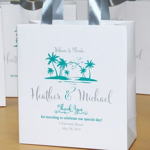 30 Destination Wedding Welcome Bags with names Personalized Beach Theme favor with palm trees Mint & Silver wedding gifts for guests