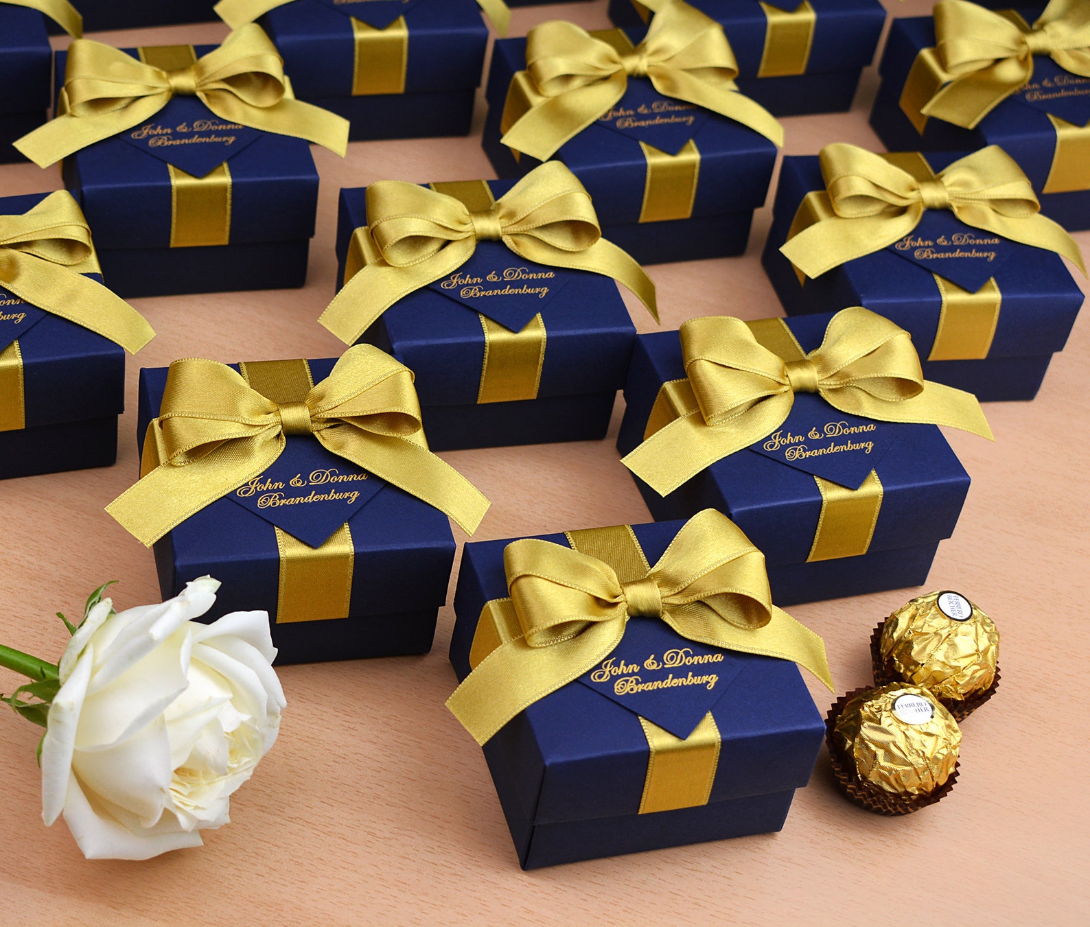 30 Navy Blue & Gold Wedding Favor Gift Box With Satin Ribbon Bow and ...