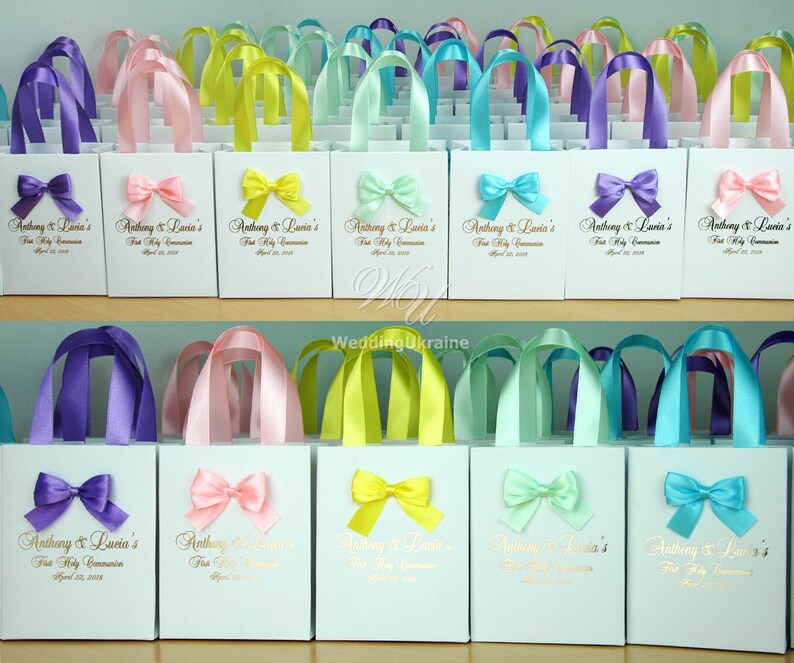 50 Favor Bags with satin ribbon bow and gold foil stamping Etsy