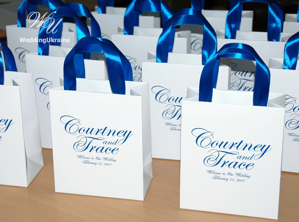 25 Wedding Welcome Bags with Royal Blue satin ribbon and names | Etsy