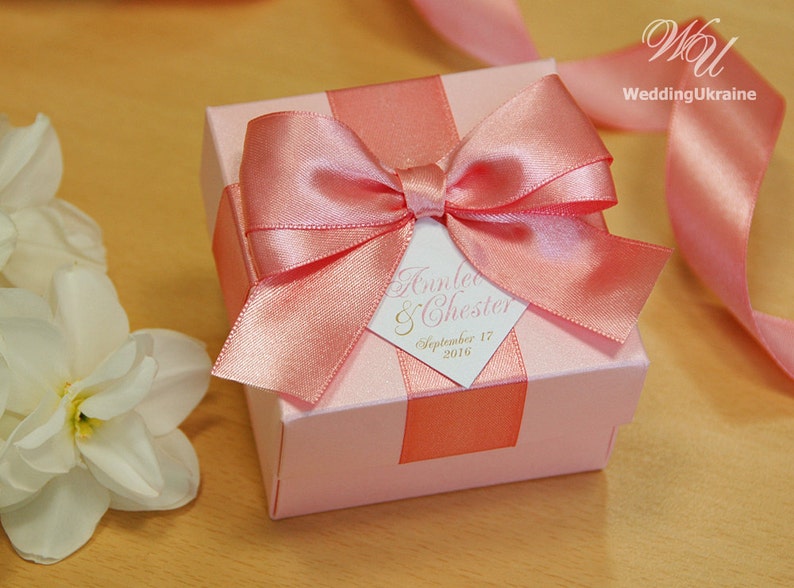 Light pink wedding favor gift box with Blush satin ribbon