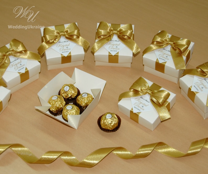 bow and your names Elegant Personalized Ivory and Gold Wedding candy box for guests Love is sweet Wedding favor boxes with satin ribbon