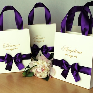 Purple Personalized Bridesmaid gift ideas Elegant ivory paper bags for Bridal Party with satin bow and custom names Wedding gifts and favors