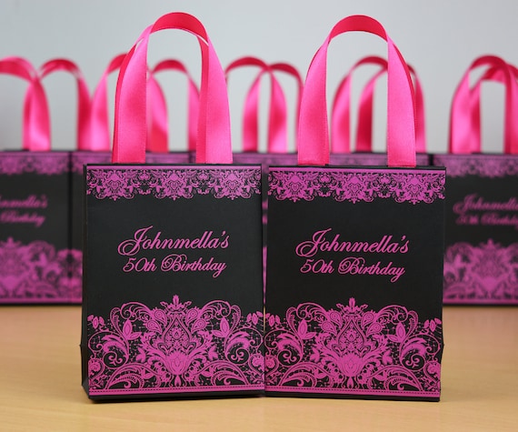 25 Black Pink Birthday Party Gift Bags With Satin Ribbon Handles