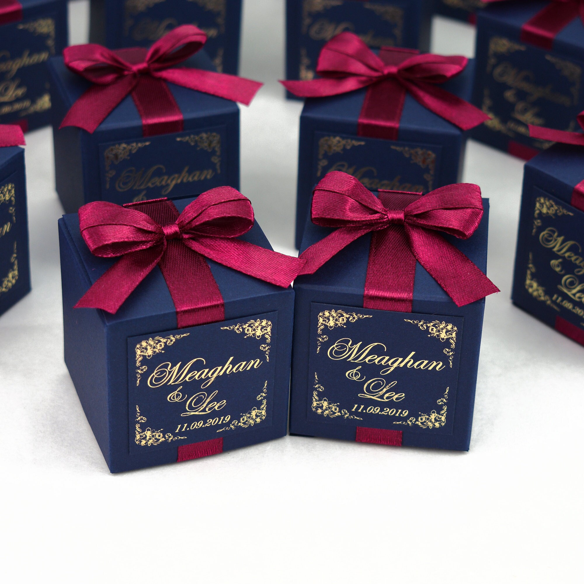 70 Navy Blue & Burgundy Wedding Boxes With Gold Foil Names, Elegant ...