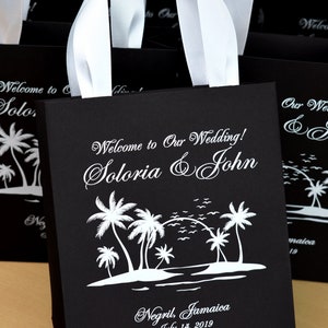 20 Beach Wedding Welcome Bags with satin ribbon handles, Elegant Personalized Tropical Wedding gift bags for wedding favor for guests
