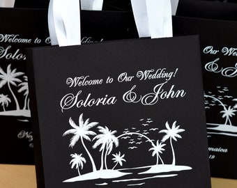 20 Beach Wedding Welcome Bags with satin ribbon handles, Elegant Personalized Tropical Wedding gift bags for wedding favor for guests