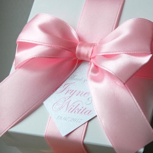 Wedding Favor Boxes with Light Pink satin ribbon, bow and tag, weddings favors box with names, Personalized Wedding Favors box, wedding box
