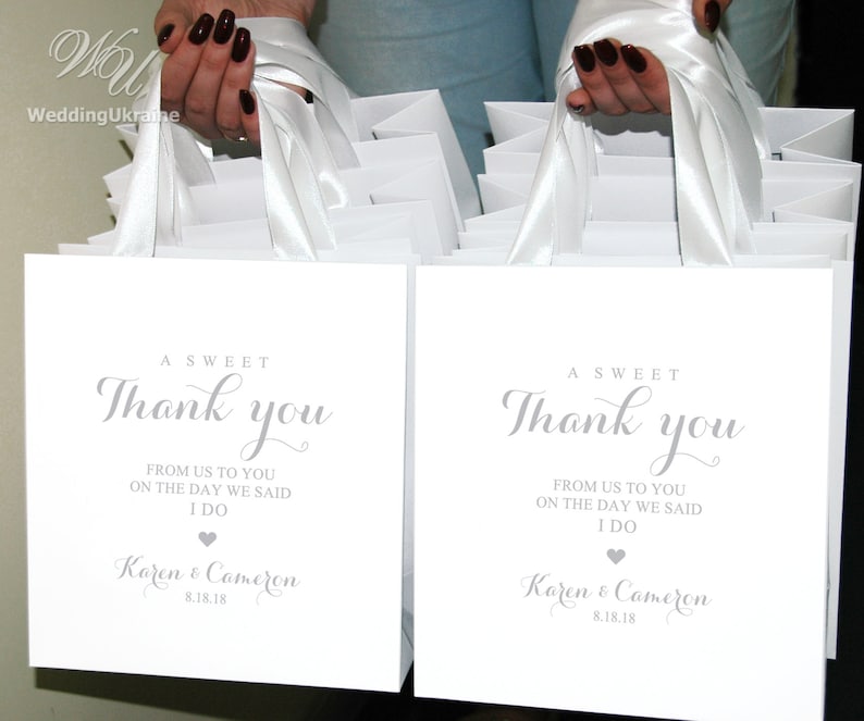 35 Silver wedding welcome bags with satin ribbon handles and your names A sweet thank you personalized Wedding gifts and favors for guests