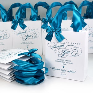 20 Wedding Welcome bags with satin ribbon handles, bow and custom print, Elegant Teal Personalized A Sweet Thank You favors bags for guests