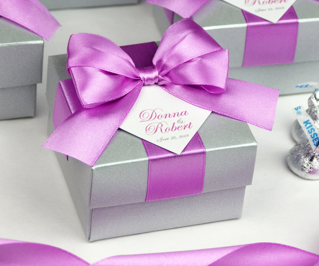 Silver Wedding Favor Gift Box With Satin Ribbon, Bow and Your Names ...