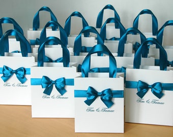 35 Wedding Welcome Bags with Teal satin ribbon, bow and your names - Personalized Paper Gift Bags - Weddings Gifts & Favors for guests