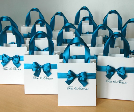 35 Wedding Welcome Bags with Teal satin ribbon bow and your | Etsy