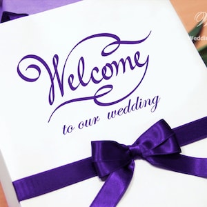 Wedding Welcome Bags for guests with satin ribbon and bow - White and Purple Welcome to our weddin Paper Bags - Weddings Gifts Favors