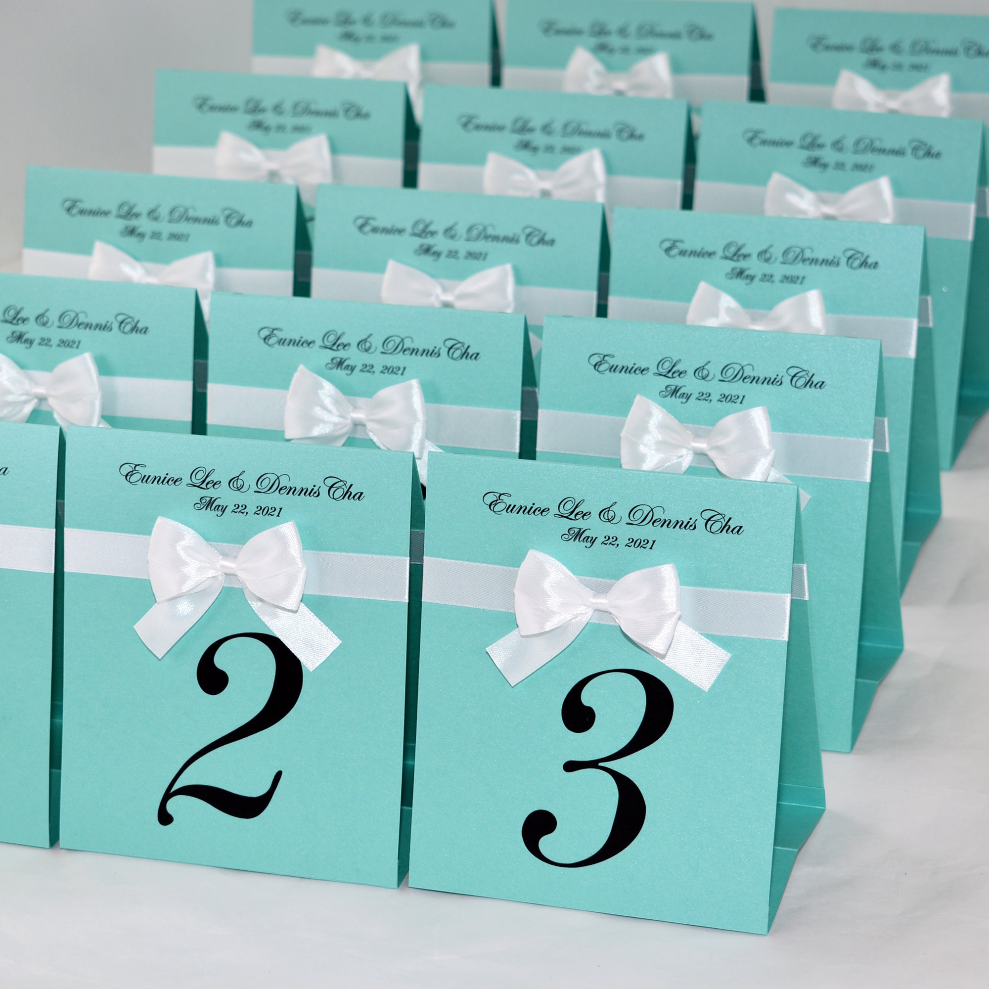 Table Numbers With Ribbon Mint Wedding Table Numbers With Satin Ribbon Bow and Names, Breakfast ...