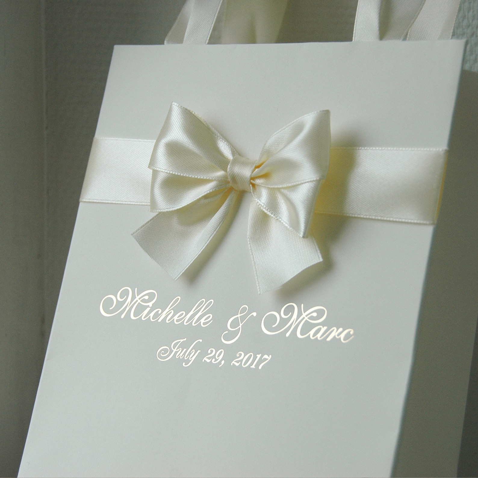 50 Ivory Wedding Gift Bags With Satin Ribbon, Bow and Gold Foil Names ...