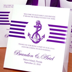 30 Purple Wedding Welcome bags with satin ribbon handles and your names, Personalized Nautical Wedding Favor Bags for guests, Anchor Wedding