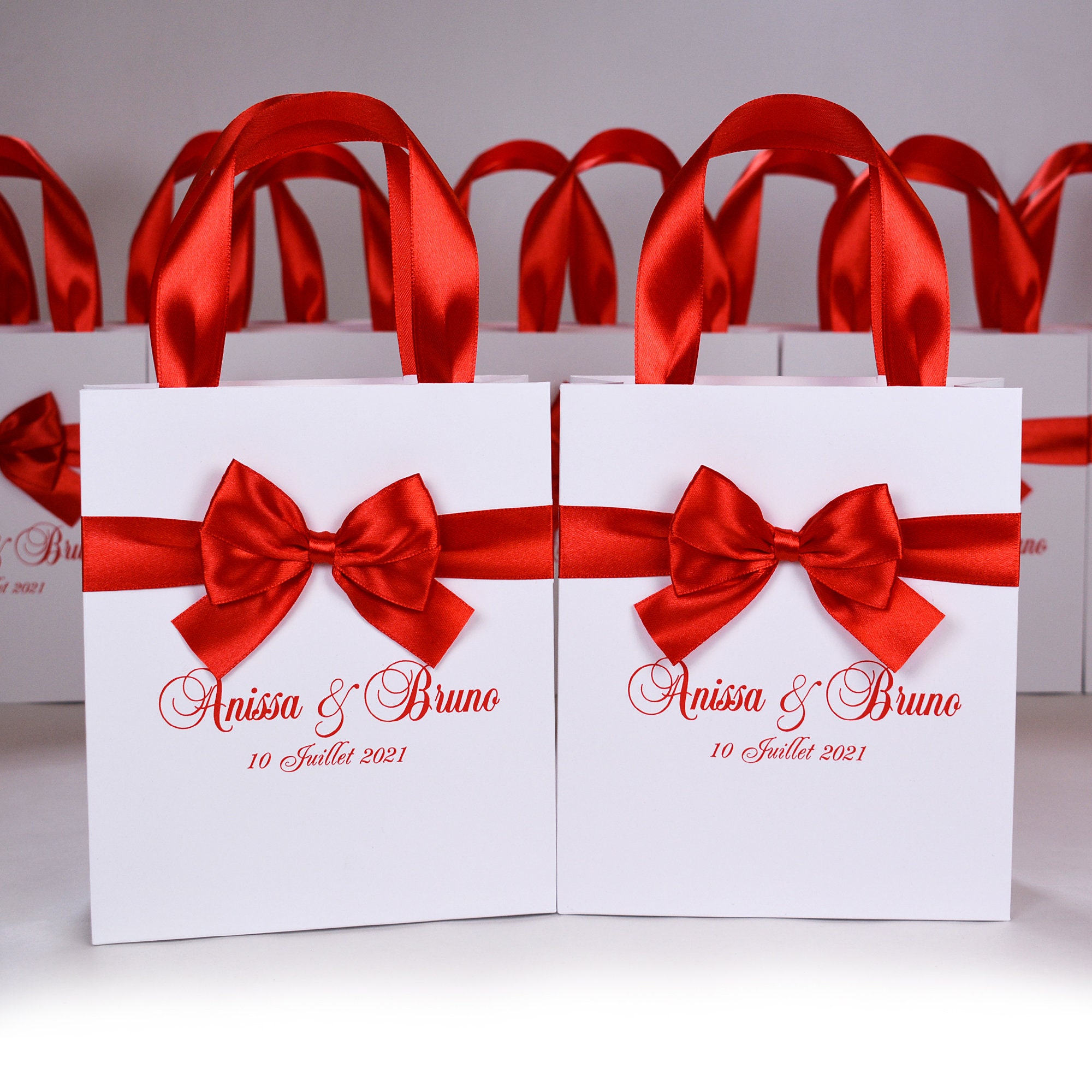 Red Wedding Gift Bags with satin ribbon bow and names Etsy