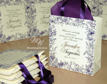 100 Ivory Wedding Welcome bags with Gold foil stamping and Purple satin ribbon handles, Elegant Roses Floral welcome bags for wedding guests