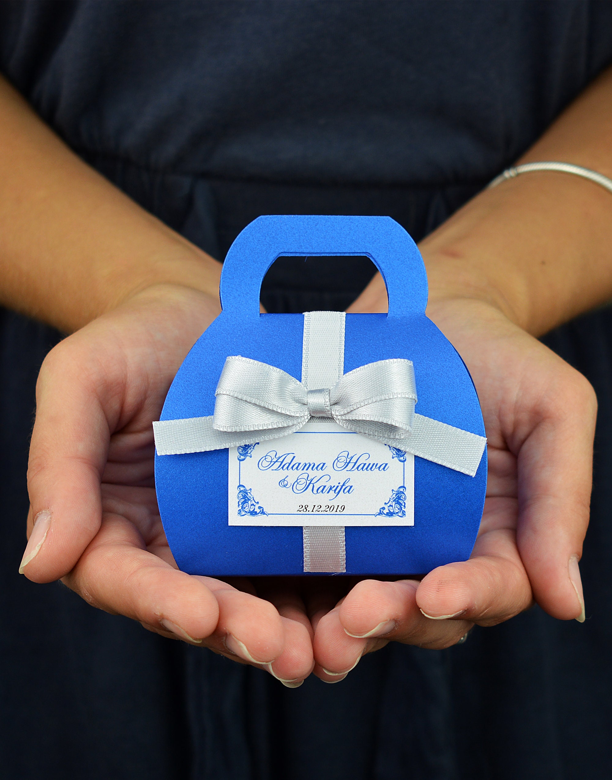 Royal Blue Wedding Favor Gift Box With Silver Satin Ribbon Bow Etsy