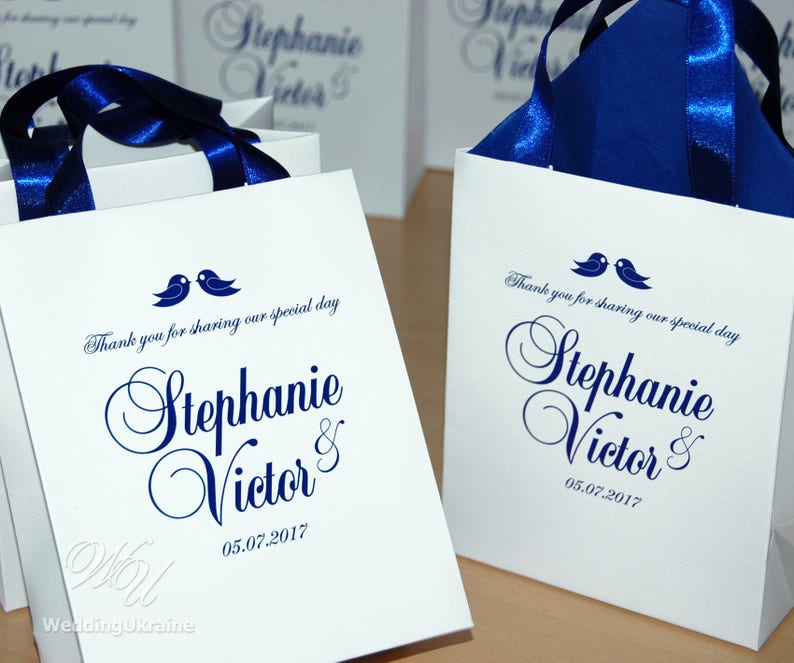 Thank you for sharing our special day gift bags for guests 35 Wedding Welcome Bags with Cobalt Blue satin ribbon names /& love birds