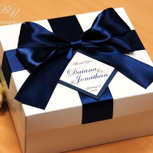 Wedding Gifts Boxes with Navy Blue satin ribbon, big bow and personalized tag with your names - Custom wedding favor boxes for guests