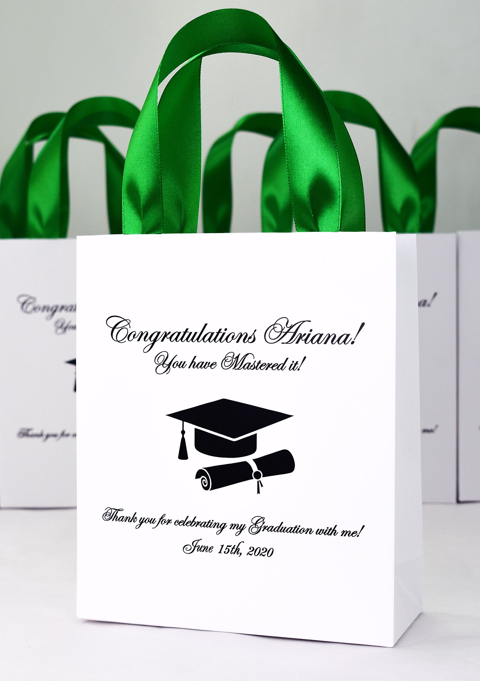 25 Graduation Celebration Bags With Green Satin Ribbon Handles - Etsy
