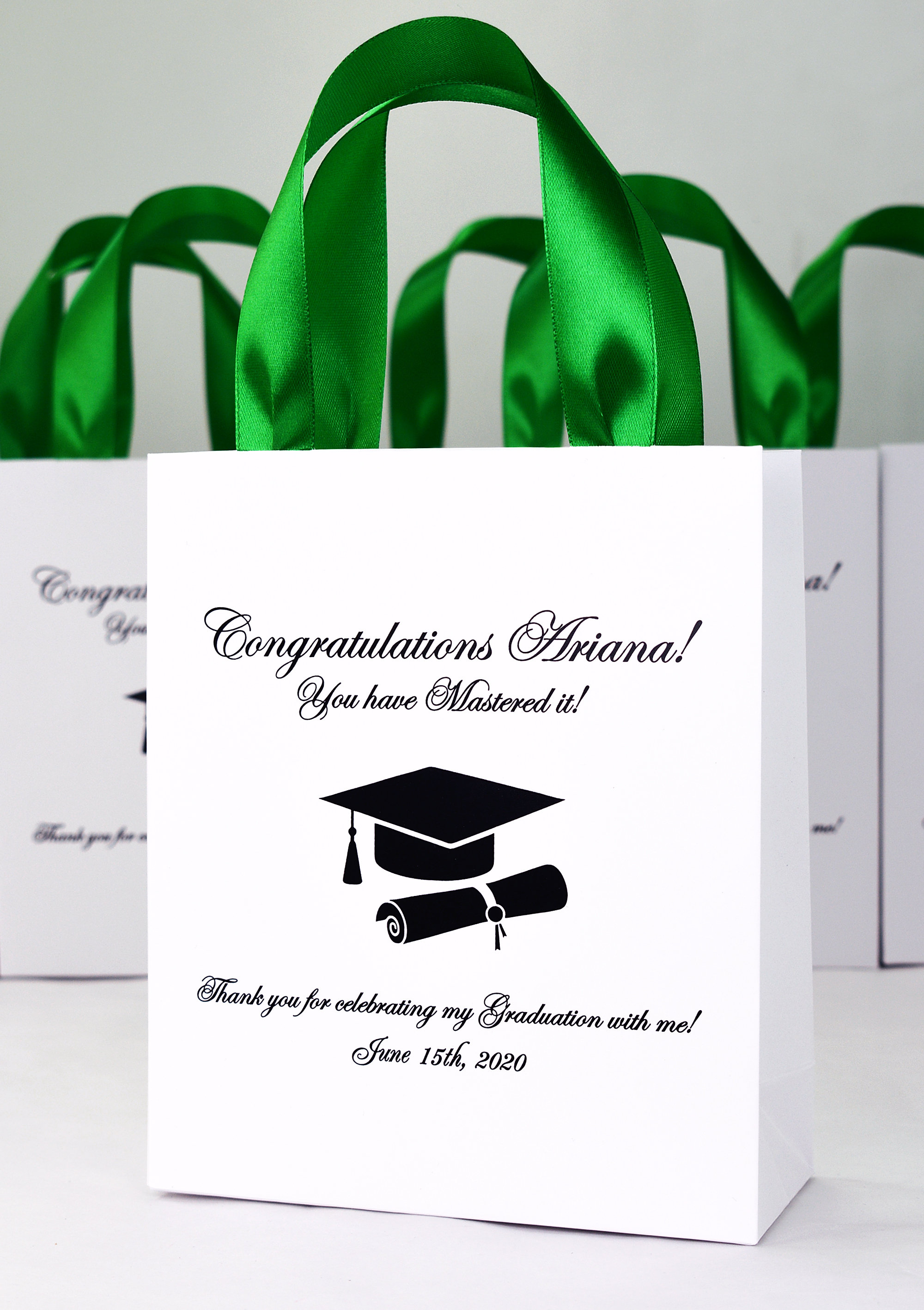25 Graduation Celebration Bags With Green Satin Ribbon Handles - Etsy