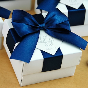 Wedding Monogram Personalized wedding favor boxes with Navy Blue satin ribbon, bow and your initials, Wedding Favor Box for guests