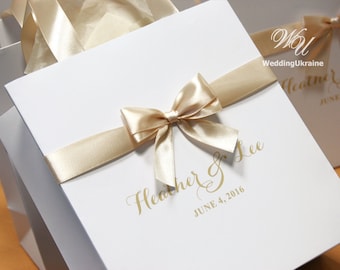 Champagne Wedding Welcome Bags with satin ribbon, bow and names - White and Champagne - Personalized Bags Weddings Gifts Favors for guests
