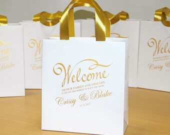 30 Gold Wedding Welcome Bags with satin ribbon handles & your names To family and friends! Personalized bags for wedding favors for guests