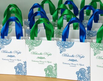 35 Mehndi Night gift bags with satin ribbon & names  - Personalized Wedding Welcome bags for guests - Henna- Indian Wedding gifts and favors