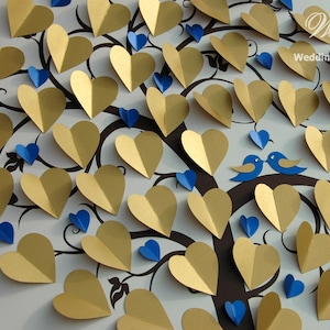 Gold Wedding Tree with Blue Love birds - Wedding Guest Book Ideas - Unique 3d tree - Modern alternative to traditional guestbook Gold & Blue