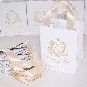 25 Champagne Wedding Monogram bags for party favors for guests,  Elegant Personalized Wedding Welcome Bags with satin ribbon handles & names