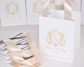 25 Champagne Wedding Monogram bags for party favors for guests,  Elegant Personalized Wedding Welcome Bags with satin ribbon handles & names