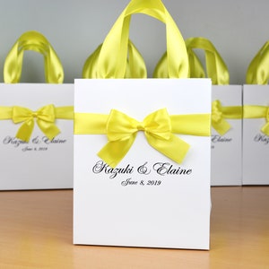 25 Wedding Welcome Bags with Light Yellow satin ribbon handles, bow and your names, Elegant Personalized wedding gifts & favors for guests