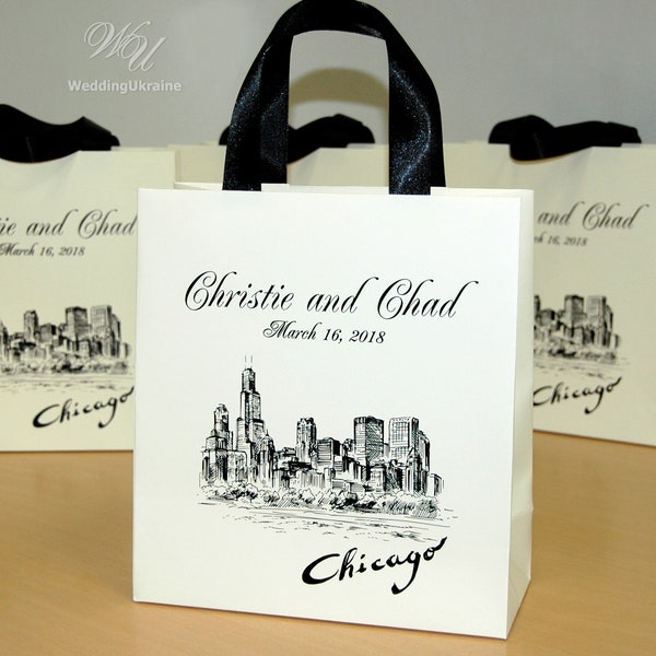 25 Wedding Welcome bags with satin ribbon handles and your names, Personalized Destination wedding favor for guests, Chicago Wedding bag