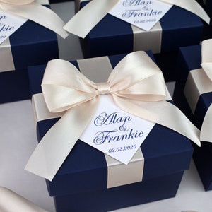 60 Navy Blue & Champagne Wedding favor boxes with satin ribbon, bow and custom tag, Personalized Wedding Welcome Box for favors for guests