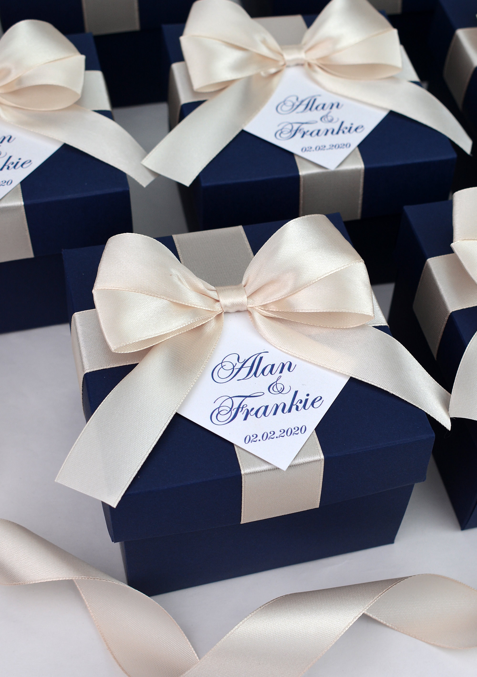 60 Navy Blue & Champagne Wedding Favor Boxes With Satin Ribbon