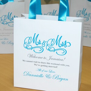 35 Mr & Mrs Wedding Welcome Bags with Light Blue ribbon handles and names Elegant Blue and Silver Personalized wedding favor for guests