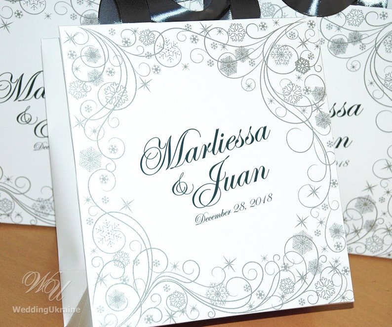 Gift Paper Bags for your Wedding guests Custom Personalized wedding favors Winter Wonderland 50 Welcome Bags with satin ribbon and names