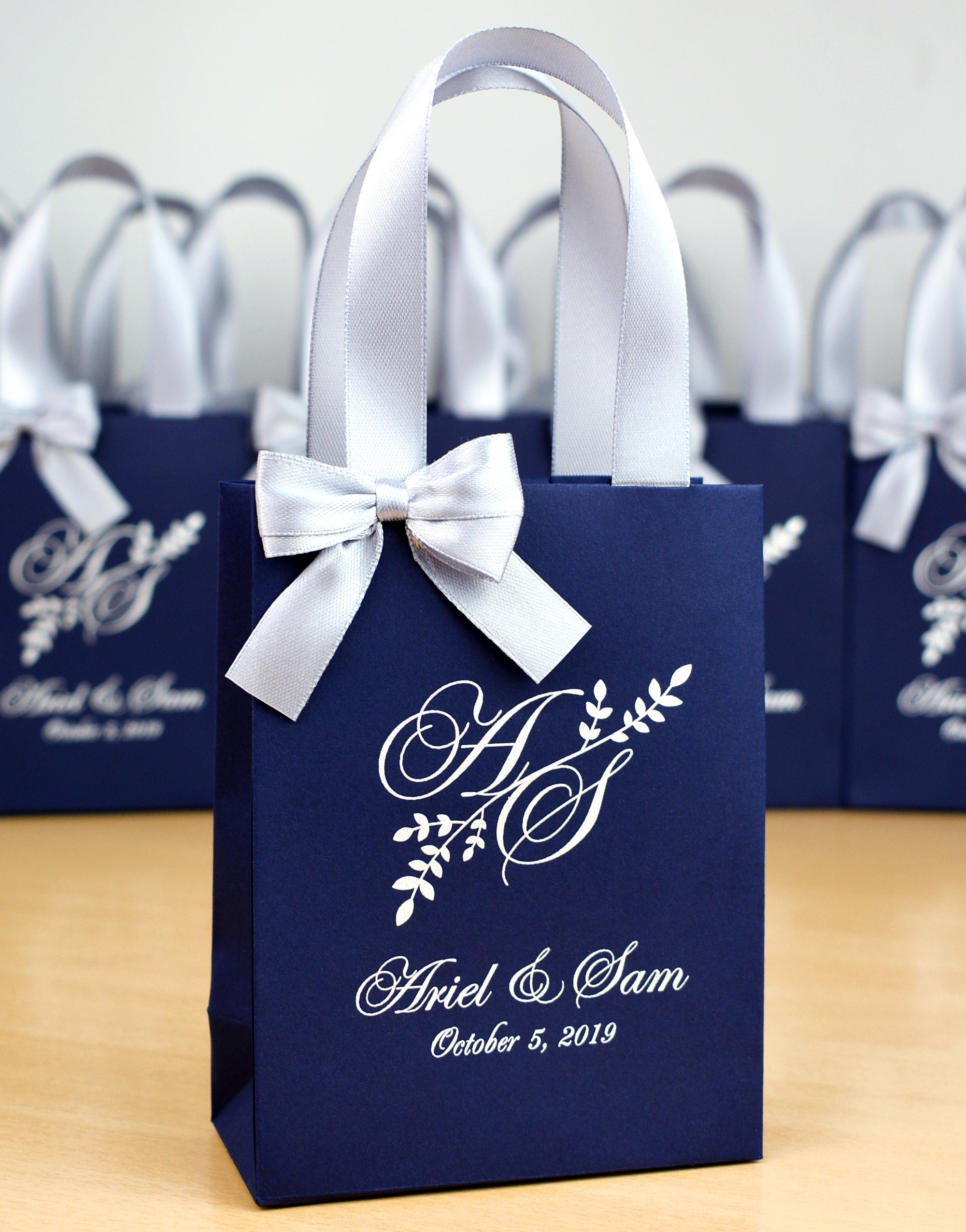 Light Blue Medium Personalized Monogram Welcome Gift Bags with Silver Foil  - 12 Pc.