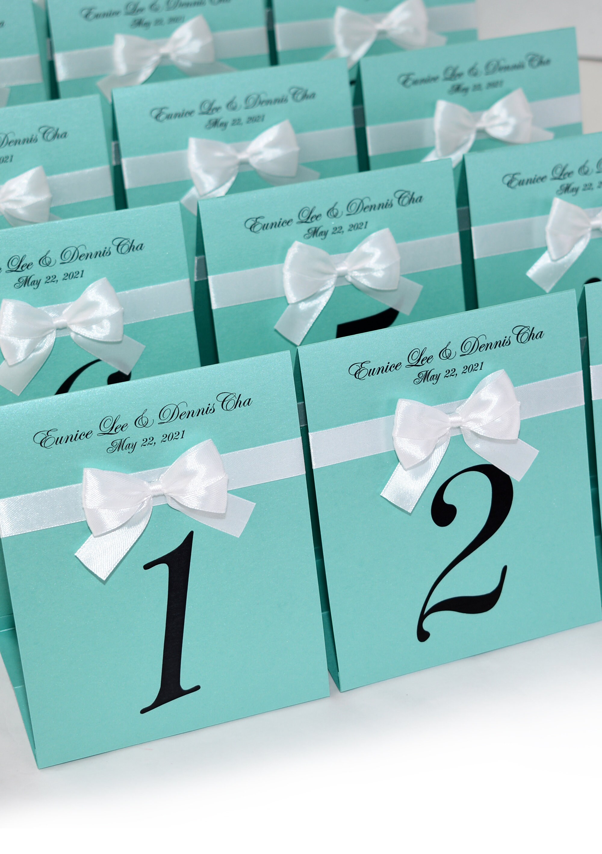 Table Numbers With Ribbon Mint Wedding Table Numbers With Satin Ribbon Bow and Names, Breakfast ...