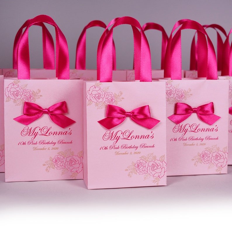 20 Pink Birthday gift bags with satin ribbon handles bow