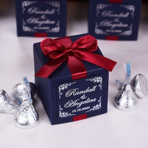 100 scatole nuziali con lamina d'argento personalizzate, bomboniere nuziali blu navy e bordeaux per caramelle o bomboniere per i vostri invitati al matrimonio