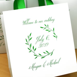 25 Greenery Wedding Welcome Bags with satin ribbon handles & custom names, Elegant Green Personalized bag for wedding favor for guests