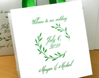 25 Greenery Wedding Welcome Bags with satin ribbon handles & custom names, Elegant Green Personalized bag for wedding favor for guests