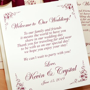 35 bolsas de agradecimiento para bodas con asas de cinta de raso y su texto, elegantes obsequios de bienvenida de boda personalizados en marfil y burdeos para invitados