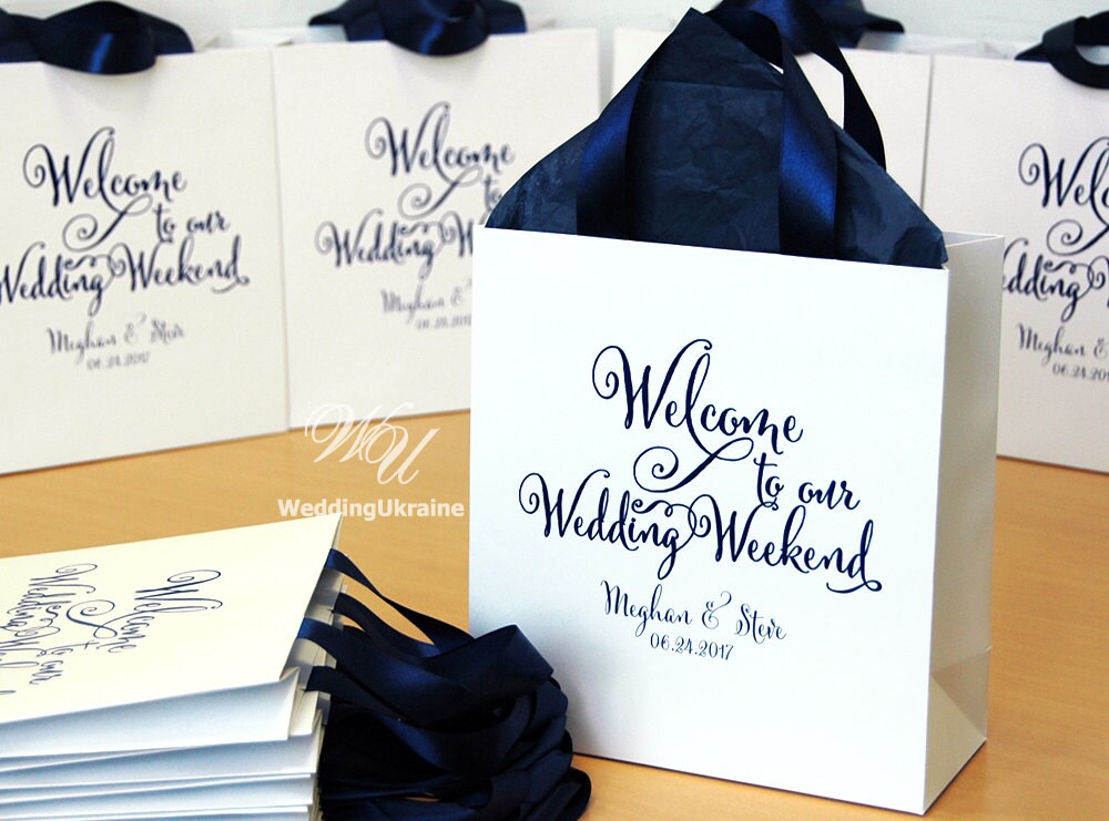 25 Navy Blue Ribbon Handles Wedding Welcome Bags - Custom Personalized ...